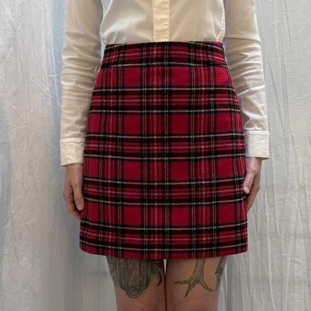 J.Crew Red Plaid Tartan Wool Blend Mini Skirt Size 0 Hip Hugger VTG 90s Y2K